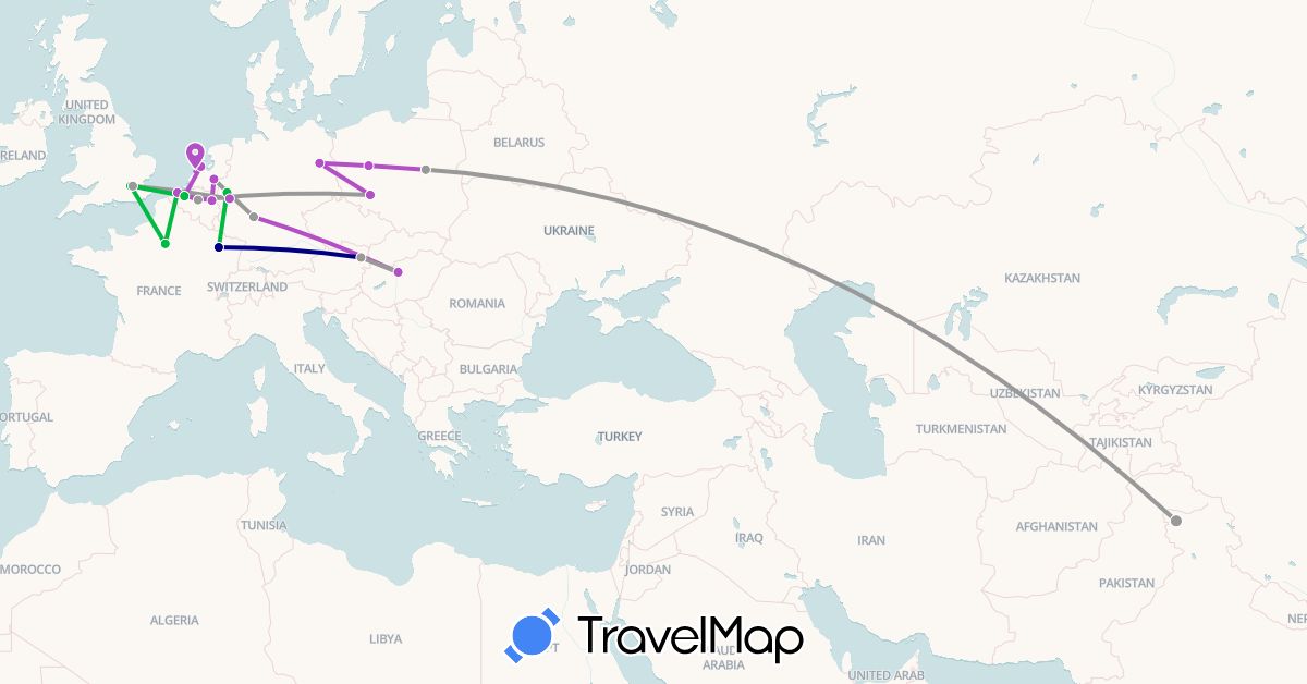 TravelMap itinerary: driving, bus, plane, train in Austria, Belgium, Germany, France, United Kingdom, Hungary, India, Netherlands, Poland (Asia, Europe)